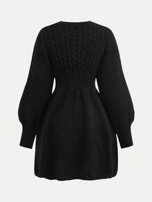 SHEIN 少女黑色圆领针织纹理扭纹泡泡袖腰部修身喇叭形休闲连衣裙，秋冬优雅