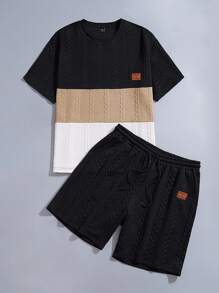 Manfinity Homme 大码男士休闲撞色T恤和短裤两件套，夏季