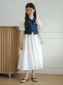 2 Pieces Set: Oversized Puff Sleeve Round Neck Dress & Denim Sleeveless Crop Top Vest For Tween Girl, Versatile School Style Outfit - White - View 4
