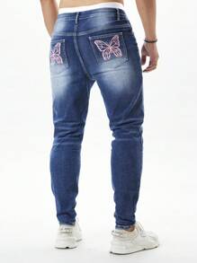 Manfinity Homme Men's Denim Jeans With Printed Pocket Decor, Slim Fit, All Season - Blue - View 5