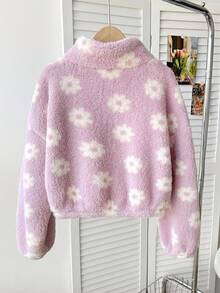 SHEIN 少女款抓絨熱粉色花卉印花立領加厚外套，適合休閒可愛日常穿著，秋冬柔軟泰迪夾克 - 淡紫色 - 查看 3