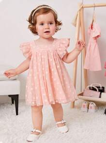 Young Girl Woven Solid Color Ruffled Collar Cute Dress - Pink - View 3