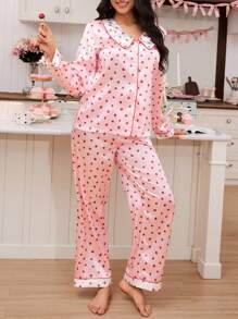 SweetSlumber Women's Sweet Strawberry Print Contrast Color Collar Long Sleeve Pajama Set - Multicolor - View 3