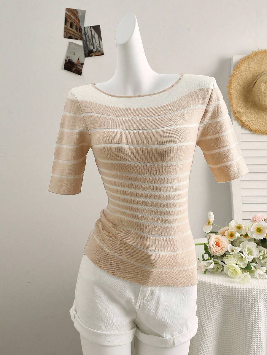 EMERY ROSE Women's Striped Round Neck Short Sleeve Casual Versatile Knit Top - Khaki - View 1
