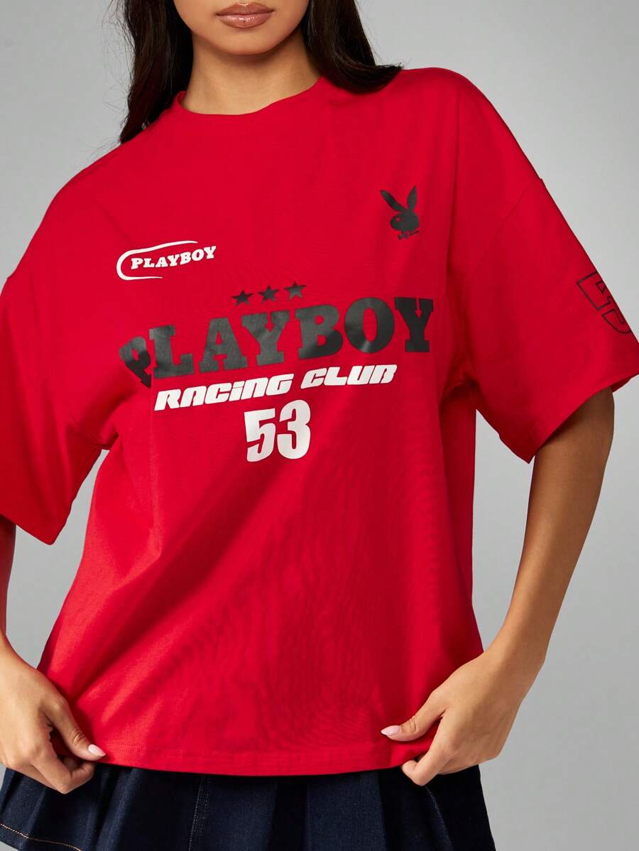 Missguided x Playboy Áo thun đường phố cỡ lớn in họa tiết số hiệu câu lạc bộ đua xe Giáng sinh Thiết kế logo xe máy cổ điển Kiểu dáng vai trễ Phong cách cổ điển In họa tiết thể thao đại học Đua xe ô tô - Đỏ - Xem 1