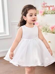 SHEIN Baby Girl Woven Solid Color Splice Mesh Snug Fit Dress - White - View 3