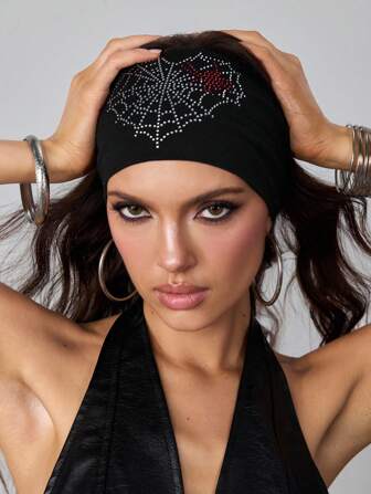 Grunge Punk 1pc Punk Fashion Colorful Rhinestone Heart & Spider Web Design Headband, Minimalist Black Color Wide Headwrap, Versatile Daily Accessories