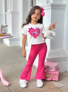 SHEIN 年轻女孩休闲舒适圆领短袖T恤搭配心形蝴蝶结装饰和喇叭裤套装 - 粉色 - 查看 1