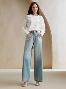 Anewsta 时尚优雅镂空水钻装饰针织毛衣 - 白色 - 查看 5
