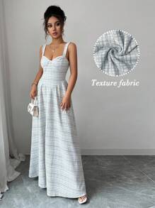 Selianne Sleeveless Square Neck Waist-Cinched A-Line Plaid Fabric Elegant Romantic Women Dress - Black and White - View 3
