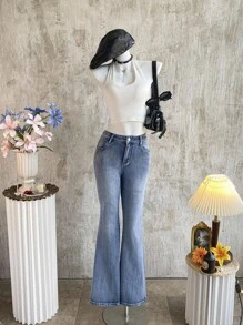 Attitoon 女式休闲水洗十字绣喇叭牛仔裤、女式图案牛仔裤、低腰牛仔裤、垃圾摇滚牛仔裤、Y2k 牛仔裤、街头服饰、秋季、水钻牛仔裤 - 淺色水洗藍 - 查看 2