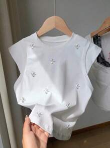 Franclia Camiseta blanca de cuello redondo, con incrustación de cristales, parche y mangas elásticas, de moda para primavera/verano - Blanco - Ver 1