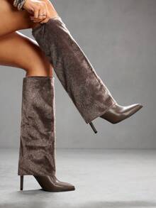 CUCCOO SZL Botas altas y estrechas de tacón alto con puntera puntiaguda, botas sexy tipo "chica mala" para mujeres - Caqui - Ver 6