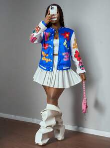 Slaydiva 2025 Herbst/Winter Neue Musik Festival, Abschluss, Studentenmode, Lässig, Streetwear, Cooles Mädchen, Varsity Sport, Buchstaben & Blumen Grafik Kurzarm, PU Ärmel Splice Blaue Damen Hoodie Jacke Japanischer Mode Grafik Muster Jacke Bomberjacke Vergnügungspark - Verschiedenfarbig - Übersicht 5