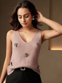 Anewsta Top/camiseta/blusa de punto con escote en V decorada con strass en forma de abeja, conjunto casual de primavera/verano para mujer
