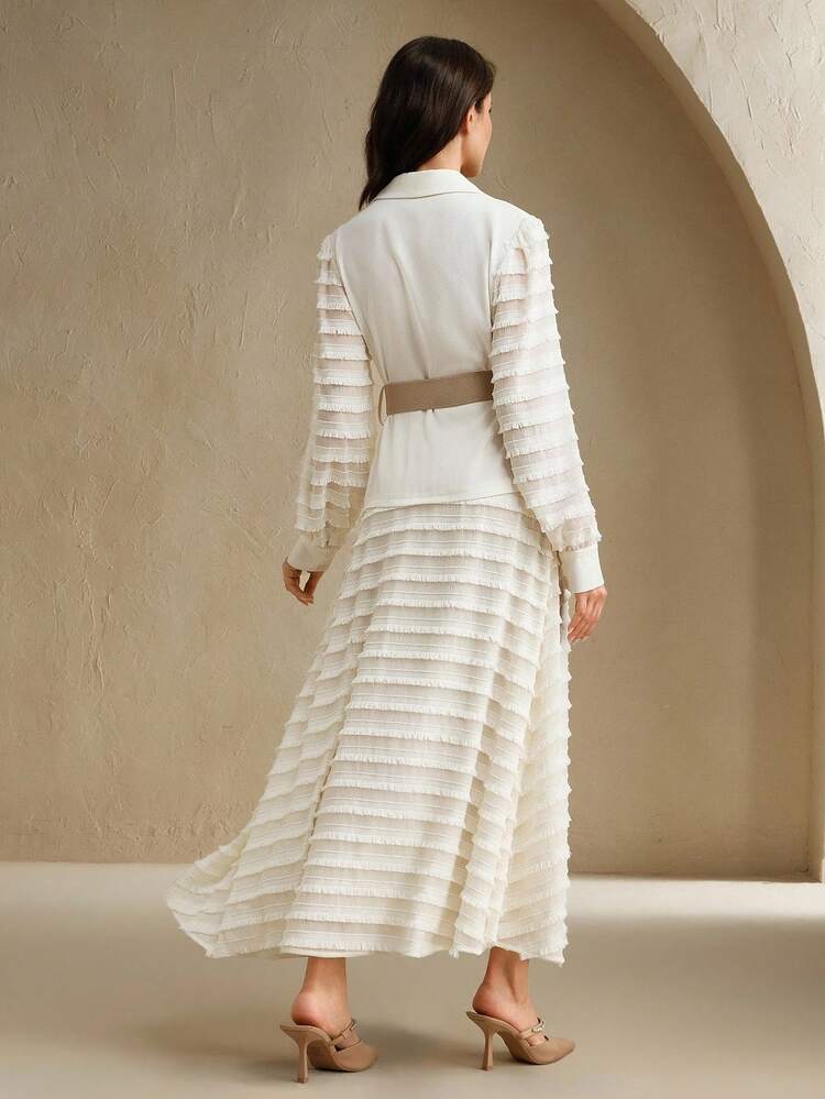 Ladies Solid Color Lapel NeckTassel Lantern Sleeve Elegant Shirt Dress