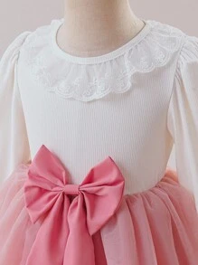 Glamorique Kids Baby Mädchen Herbst Kleid Set mit gestickter Blumen-Verzierung und Schleife, Top mit Tüll Rock, süßer Stil, geeignet für verschiedene Anlässe