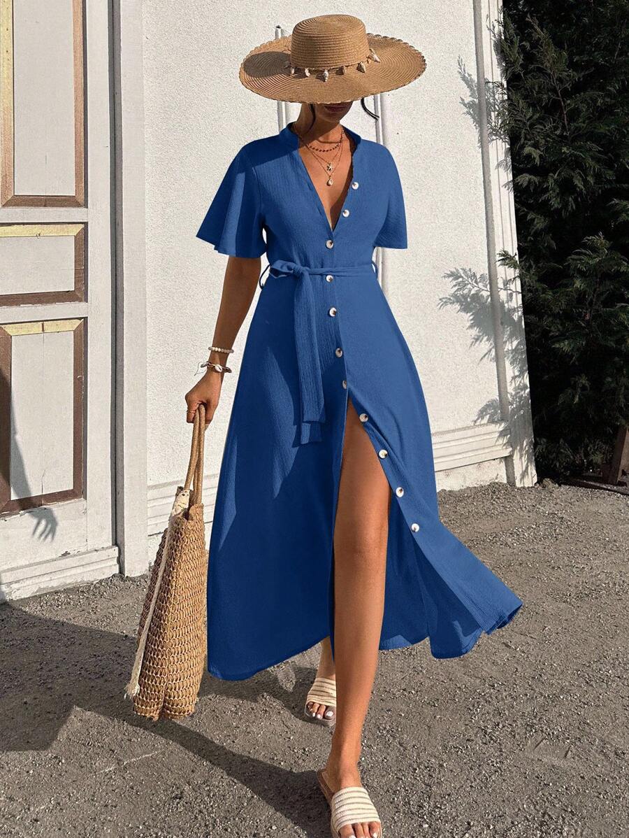 EURMUSE Ruffle Sleeve Crew-Neck Buttoned Maxi Dress With Shell Belt - Blue - View 1
