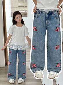 Tween GirlsLight Washed Denim Jeans With Sweet Embroidered Butterfly & Cherry Blossom Patterns, Comfortable Casual Outdoor Elastic Waist Wide-Leg Pants