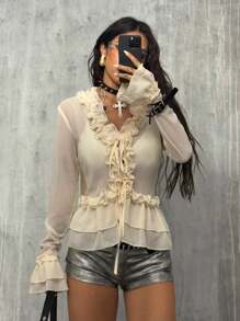 Coolane Women's Summer Date Night Concert Streetwear Textured Pleated Ruffle Blouses - Beige - View 5