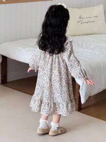 SHEIN Little Byeori Young Girls' Elegant Floral Lace Collar Puff Sleeve Dress Girls With Little Girl Long Autumn Fall Winter - Multicolor - View 2