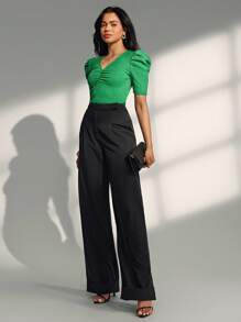 SHEIN Unity Women's V-Neck Gigot Sleeve Fitted Green Knitted Top - Green - View 3