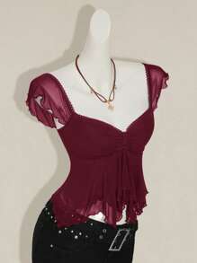 SHEIN ICON 女士褶皱前片修身性感网纱拼接系带露背荷叶边无袖吊带背心，休闲度假上衣荷叶边上衣