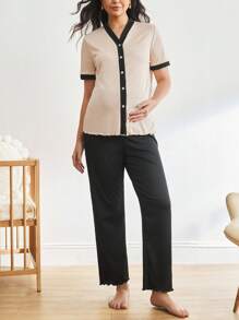 BloomMama Minimalist Color Block Single Button V-Neck Short Sleeve Maternity Home Lounge Set