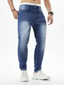 Manfinity Homme Men's Denim Jeans With Printed Pocket Decor, Slim Fit, All Season - Blue - View 3