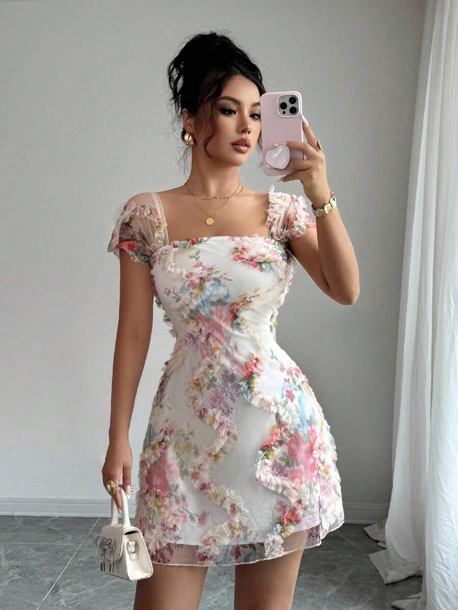 Selianne New Retro Ditsy Floral Mesh Frill Hem Form-Fitting Slip Dress, Elegant & Beautiful, Spring/Summer - Multicolor - View 1