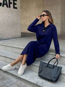 EURMUSE Women's Knitwear Dress With Polo Neck,Petite - Navy Blue - View 7