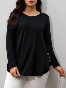 SHEIN Clasi Plus Size Solid Color Button Detail Curved Hem T-Shirt Fall - Black - View 4