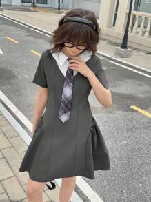 少女休闲拼色拼接迷你夏季连衣裙 - 灰色 - 查看 6