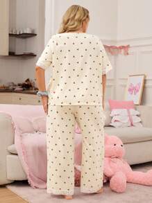 INS Cute Cherry Print Lace Patchwork Collar Short Sleeve Cardigan & Pants Plus Size Pajama Set - Multicolor - View 2