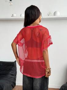 Coolane Áo thun cổ chữ V họa tiết dệt lưới thoáng khí thời trang dạo phố mùa xuân/hè cho bé gái tuổi teen - Đỏ - Xem 4