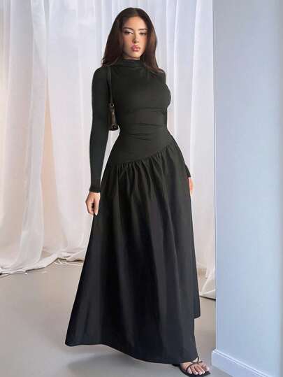 Firerie 女士优雅纯黑色直筒针织拼接腰部长裙，适合春秋冬季，高领长袖紧身连衣裙，适合通勤/度假/海滩/浪漫/约会/情人节/音乐会/表演/婚礼/返校/教师节/茶会