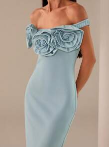 Lilora Robe longue élégante à épaules dénudées avec motif floral pour femmes - Bleu azur - Voir 3