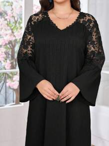 Modelyn Casual Solid Color Lace Patchwork V-Neck Ruffle Hem Long Sleeve Loose Regular Maxi Dress, Spring/Summer Plus Size Fall - Black - View 3