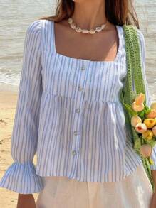 INAWLY New Striped Square Collar Casual Elegant Long Sleeve Women Blouse Fall Cloth For Women - Blue - View 1