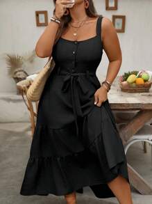 Breezaya Plus Size Women Casual Denim-Look Adjustable Strap Decor Button Dress - Black - View 5