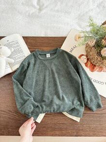 Blossori Young Boys' Elegant French Style Military Green Knitted Fitted Round Neck Mock Layer Sweatshirt, Autumn/Winter Fall - Green - View 6