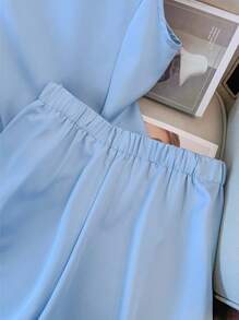 GlowEve CURVE 2pcs/Set Plus Size Casual Plain Color Sleeveless Top And Shorts Set, Suitable For Everyday And Commute - Blue - View 7