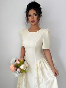 Modelyn Damen Gewebe-Collagen-Midi-Kleid mit kurzen Ärmeln und A-Linie, figurbetonter Silhouette - Aprikosenfarben - Übersicht 3