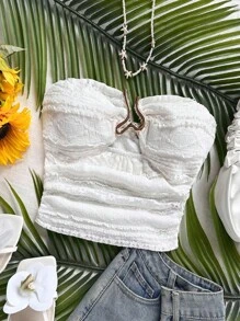 Soleia 女士度假白色针织纹理无袖露脐上衣，镂空心形金属扣装饰，修身剪裁 - 适合派对、约会、下午茶、海滩/度假村、音乐节、嘉年华等场合。白色无肩带上衣，派对装。 - 米色 - 查看 5