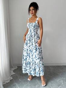 Rafferiza 2pcs Women's Ditsy Floral Waisted Tank Top & Flowy Skirt Set,White And Blue Floral,Summer,Boho,Vacation,Holiday Sundress,Fashion Outfits - Multicolor - View 6