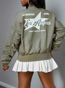 Slaydiva Chaqueta cortavientos de mujer con estampado de letras en verde militar, estilo deportivo universitario, versátil para el uso diario, casual, adecuado para festivales de música y graduación, nueva llegada del otoño/invierno 2025 - Verde militar - Ver 4