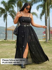 SHEIN EZwear 女士加大尺碼純色閃片背心裙 - 黑色 - 查看 1