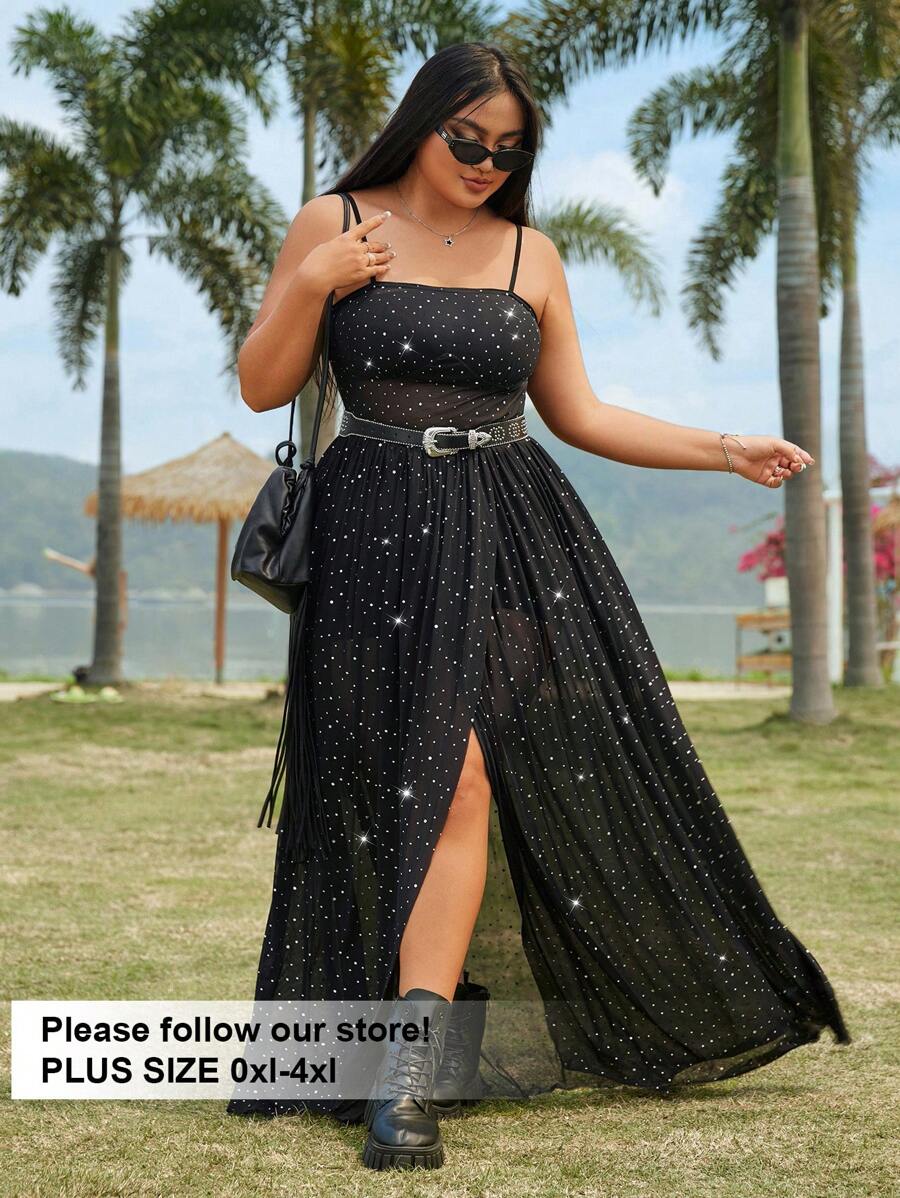 SHEIN EZwear 女士加大尺碼純色閃片背心裙 - 黑色 - 查看 1