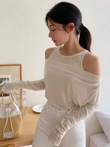 DAZY 女士纯色圆领吊带背心和露肩长袖 T 恤套装，秋季女装 - 粉色 - 查看 6
