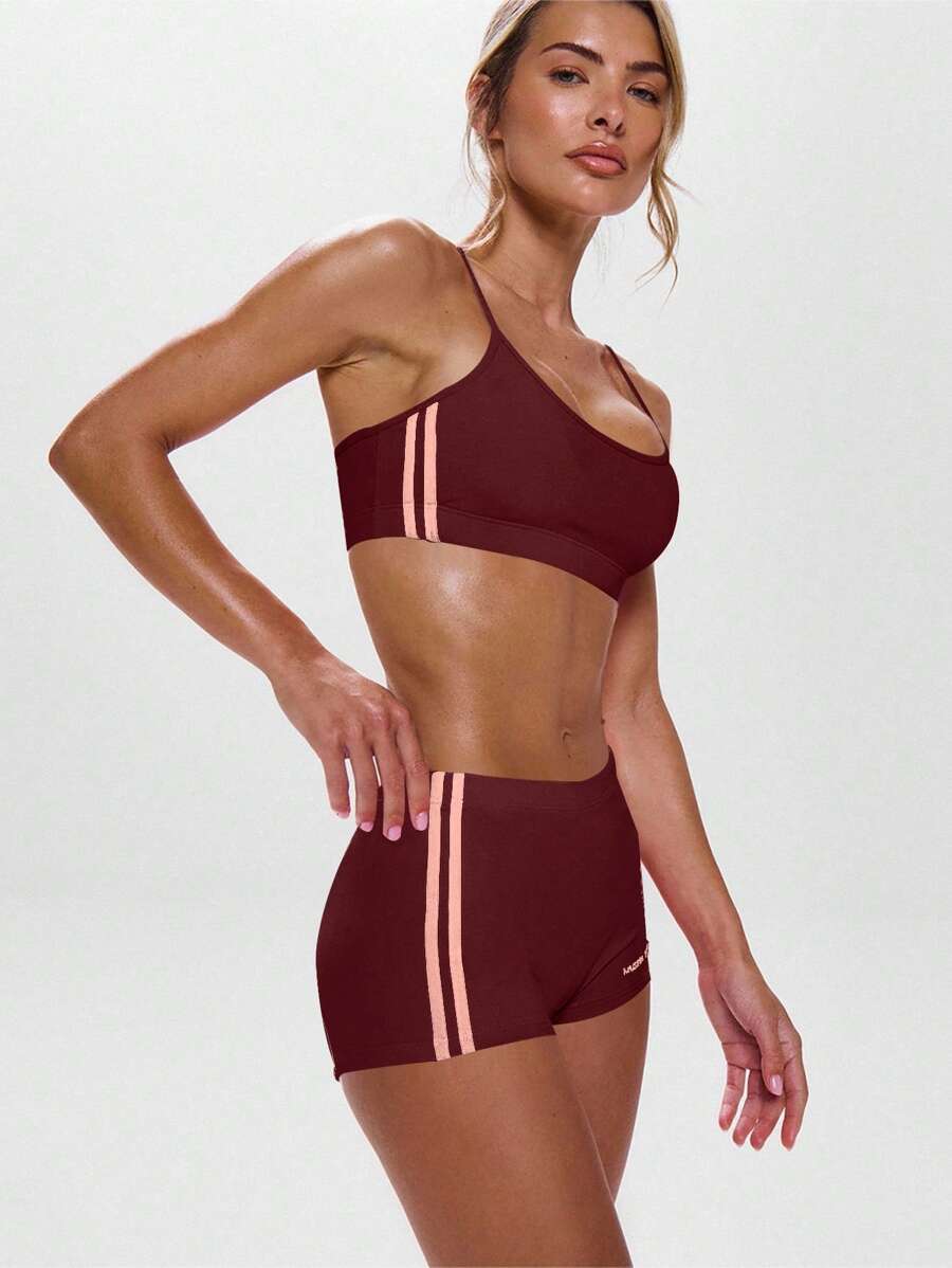 Musera Sport 细肩带条纹短款吊带上衣，适合活跃健身，适合Gympadel、网球、Pickleball 健身 - 酒紅色 - 查看 1